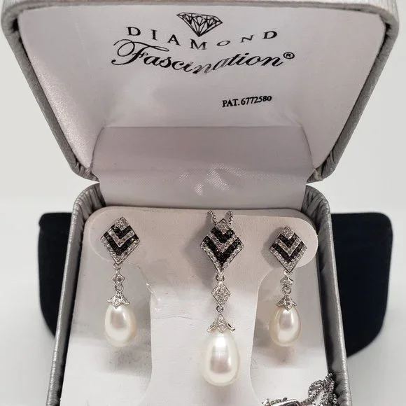 Cultured Pearl Ring/Necklace/Earring SET CFWP SS 1/3 CT - Picture 2 of 7